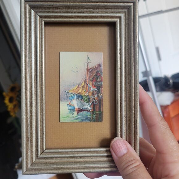 VTG Miniature signed FR Caruso print framed and matted Ship harbor - Picture 1 of 8